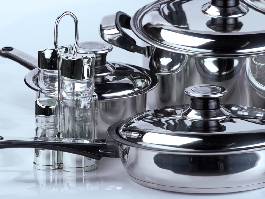 a set of stainless steel cookware