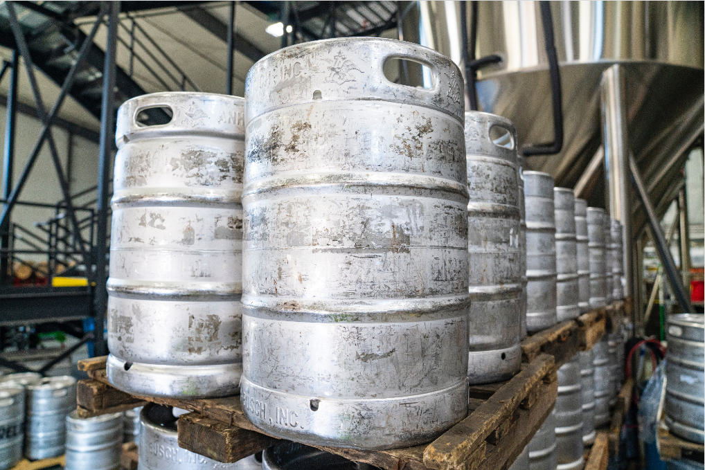 lots of stainless steel beer barrels