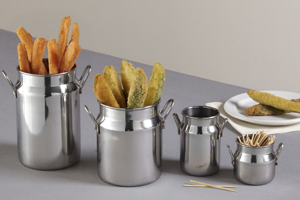 four stainless steel cans with some food 